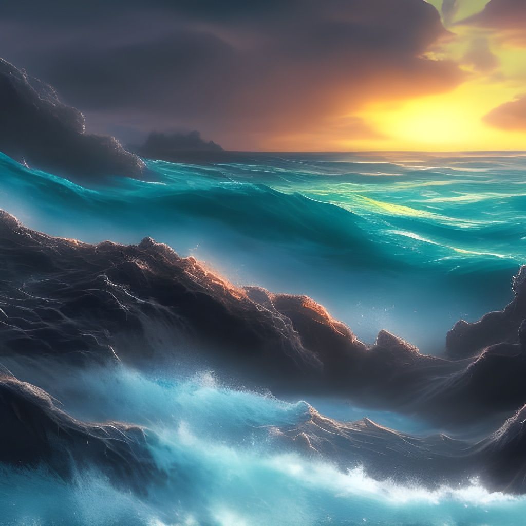 Dramatic Seascape with Crashing Waves in Detailed Matte Pain...