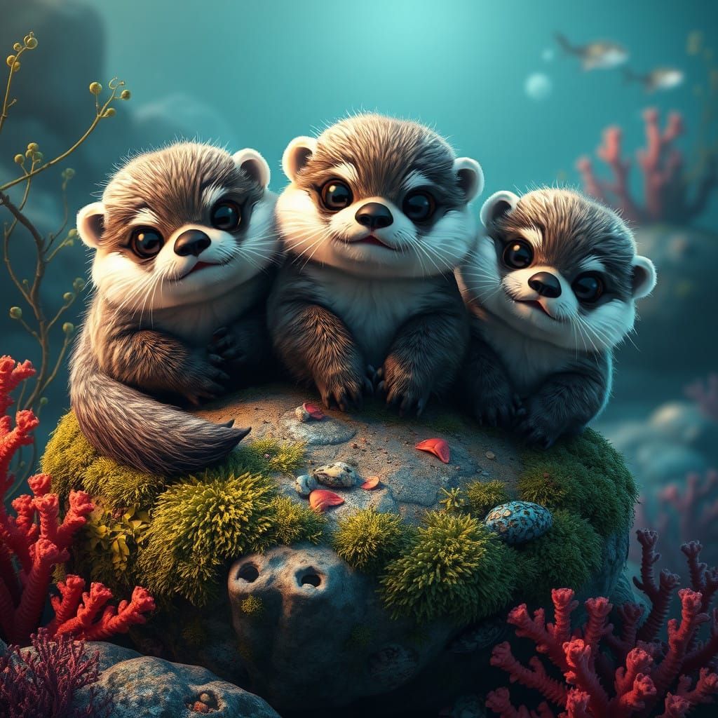 Serene Sea Otters in Whimsical Fantasy Setting