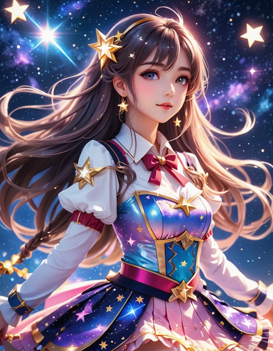Vibrant Magical Girl Shines Bright in Starry Skies