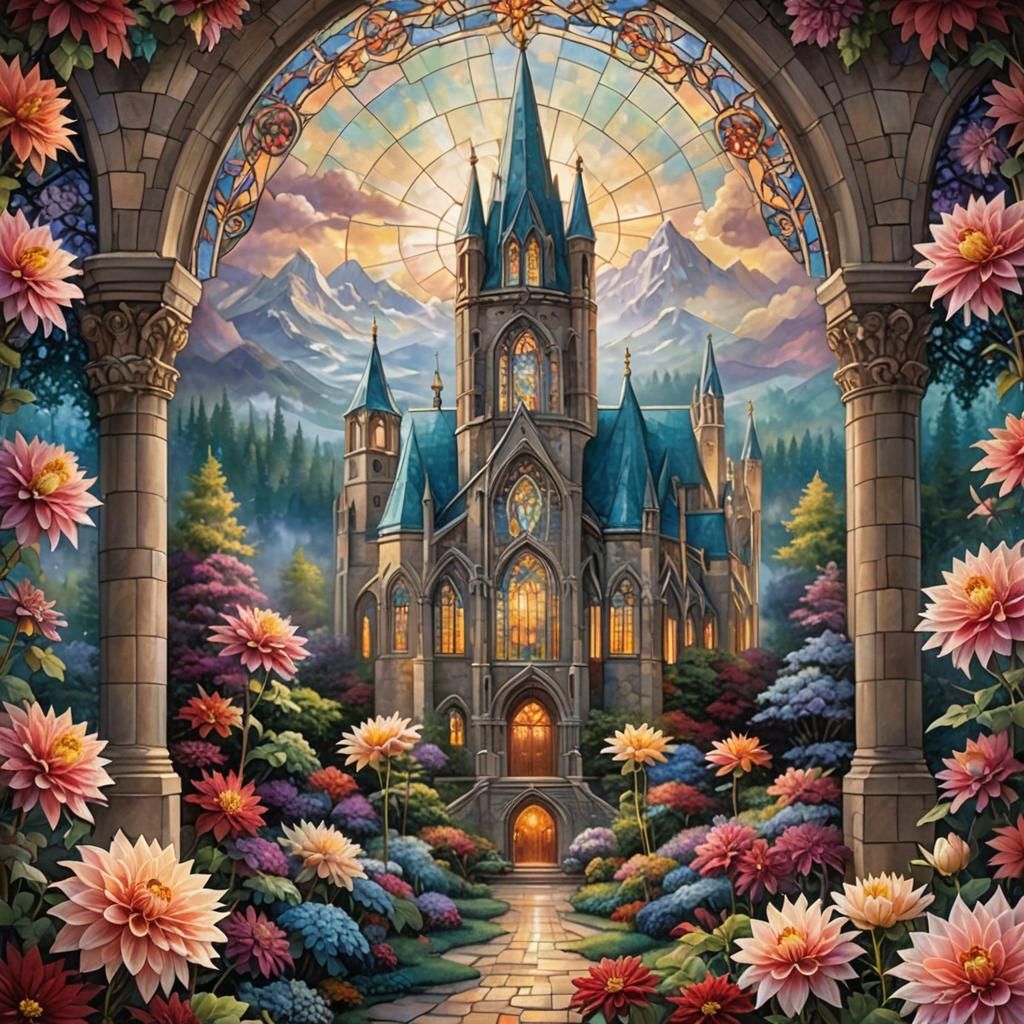 Vibrant Dahlia in Stained Glass Cathedral