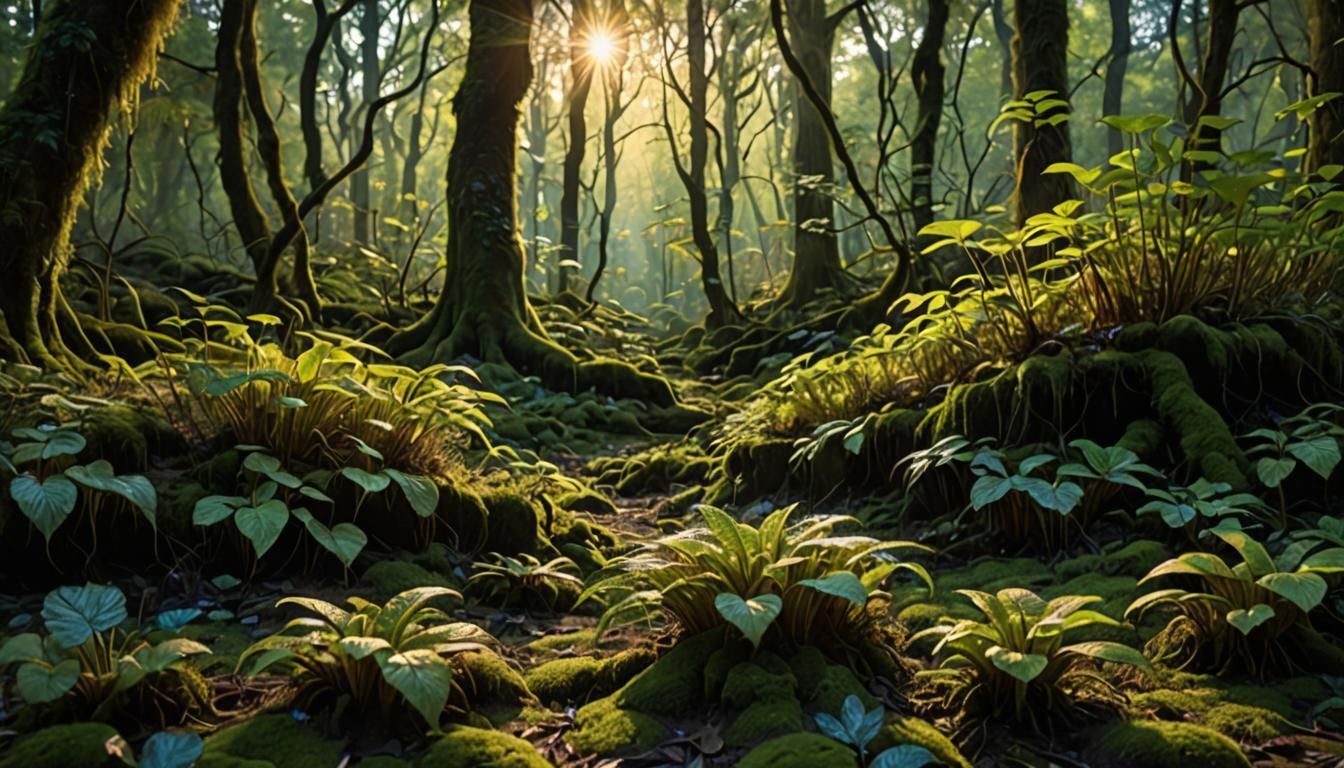 Ethereal Forest Landscape with Iridescent Plants