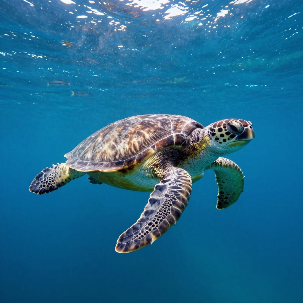 Hyperrealistic Sea Turtle with Fish in Sun-Dappled Ocean