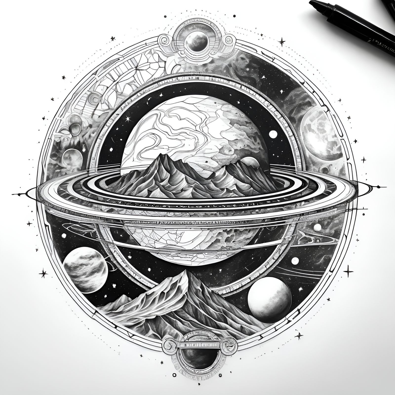 Planetary Fine Line Tattoo Art