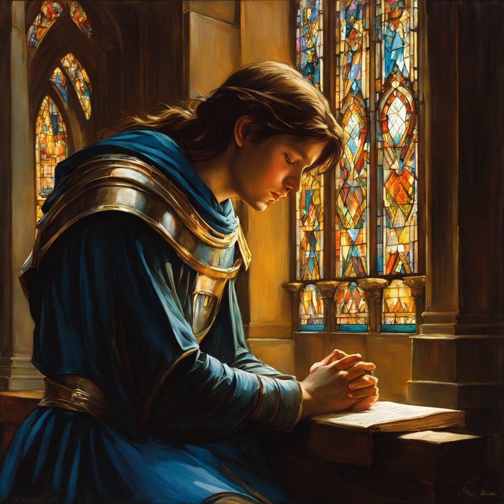 Luminous Young Paladin in Prayer: Chiaroscuro Style
