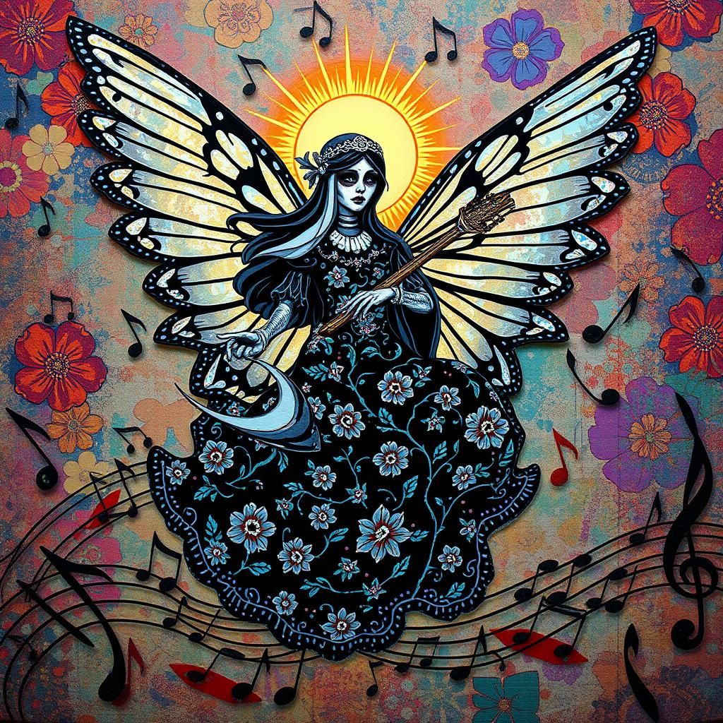 Hyper realism  Santa Muerte  Holy Death Angel  surrounded by  Vibrant musical notes , whimsical jazz scene, 8k resolutio...