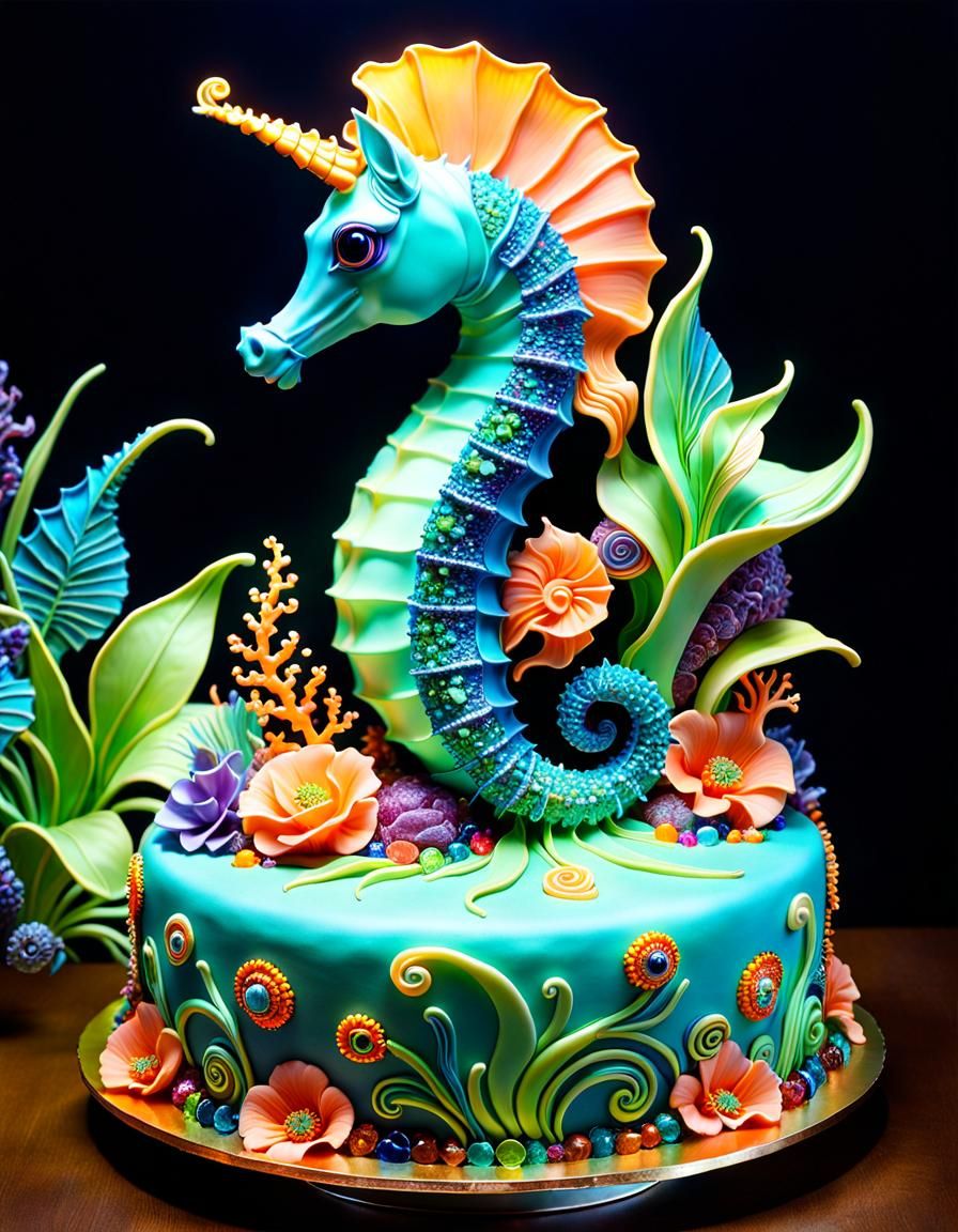 Luminous Art Nouveau Seahorse Cake Sculpture