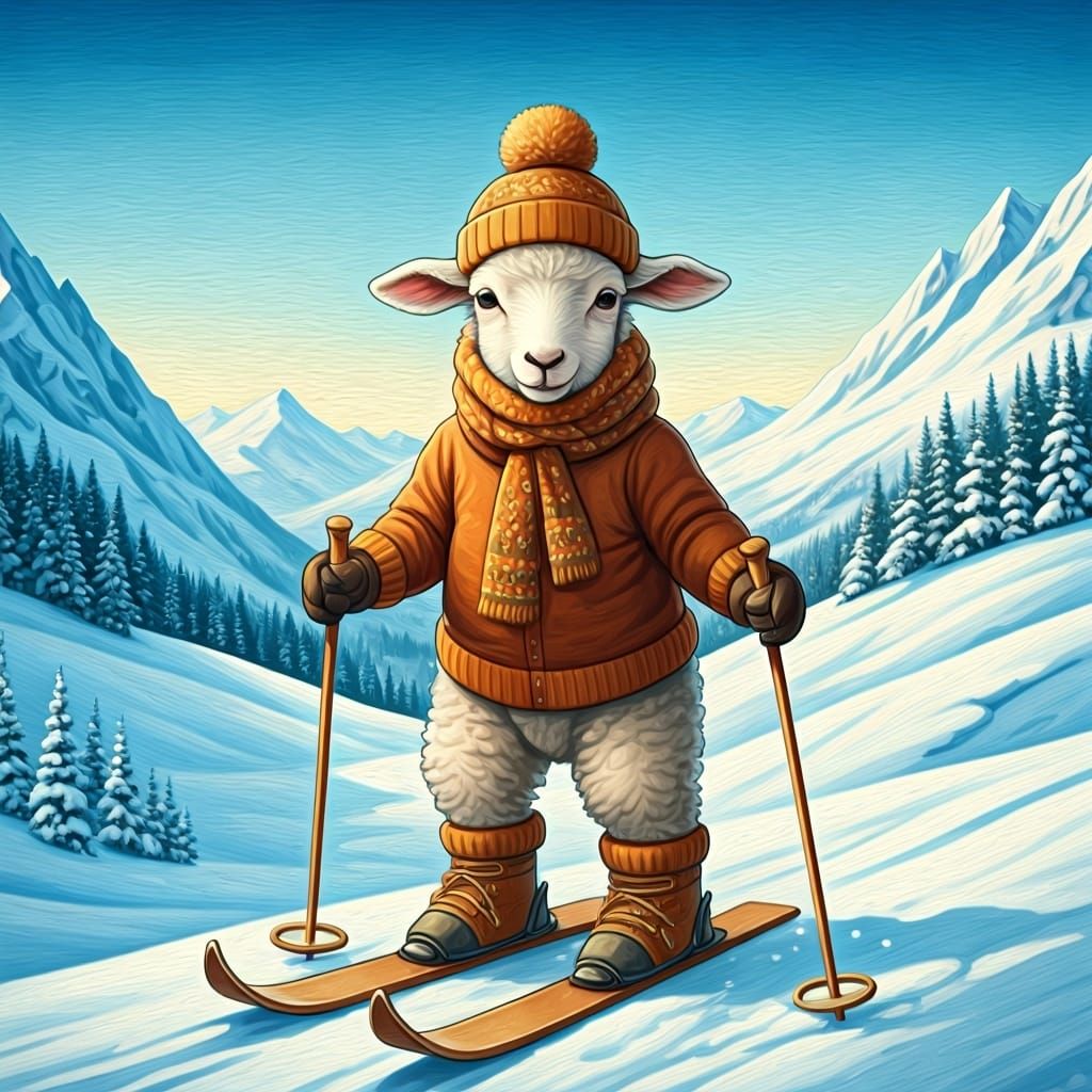 Lamb on Skis in Folk Art Style