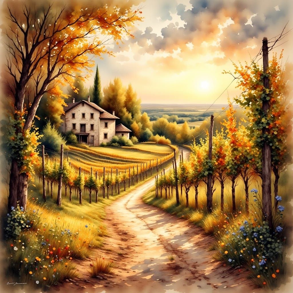 Autumn Vineyard in Antique Watercolor Style