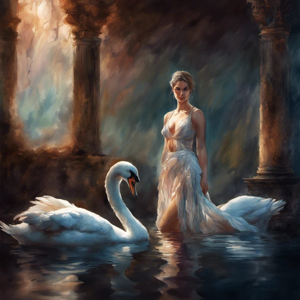 Leda and the Swan in Watercolour Splash Art