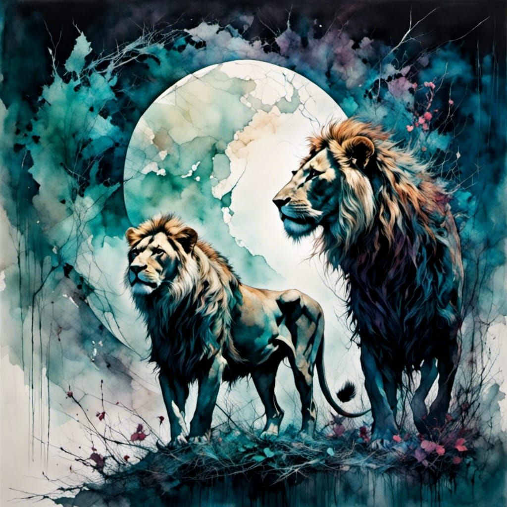 Majestic Lions Under Moonlight