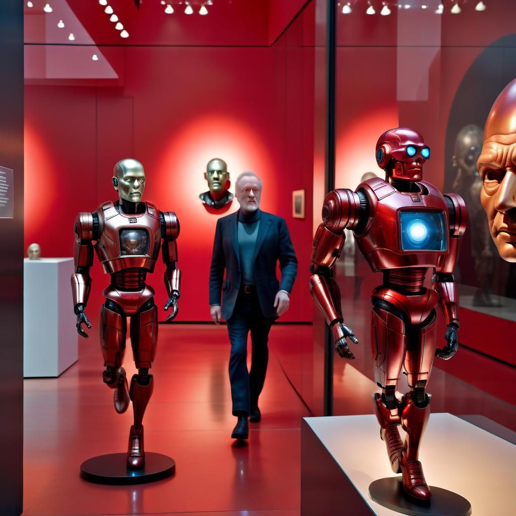 Hyperrealistic Cyborg Bobblehead at Art Exhibition