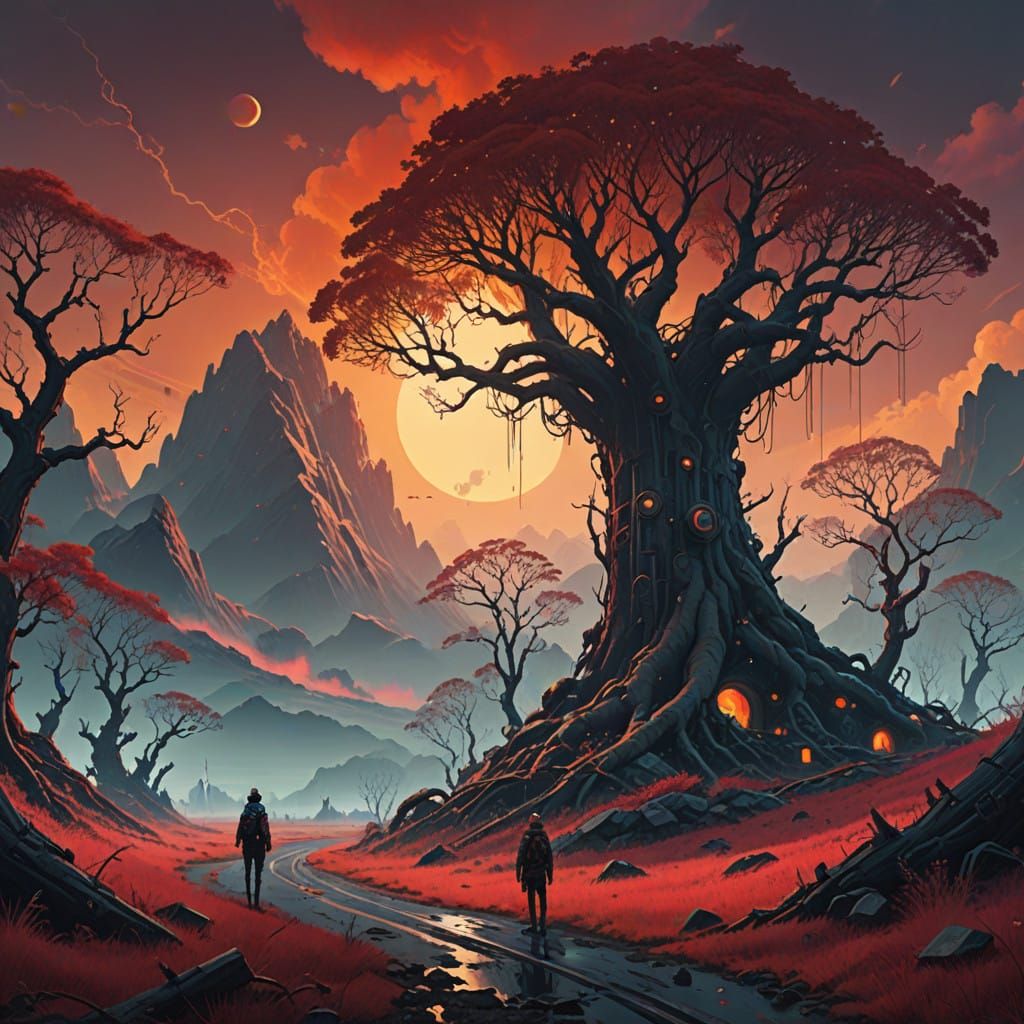 Mystical Fantasy Realm with Ancient Trees and Burning Sky