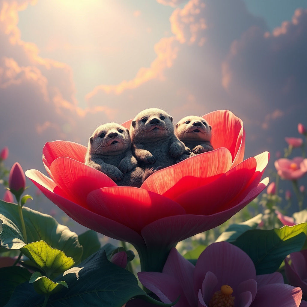 Sea Otters Lounging on a Flower in Fantasy Art Style
