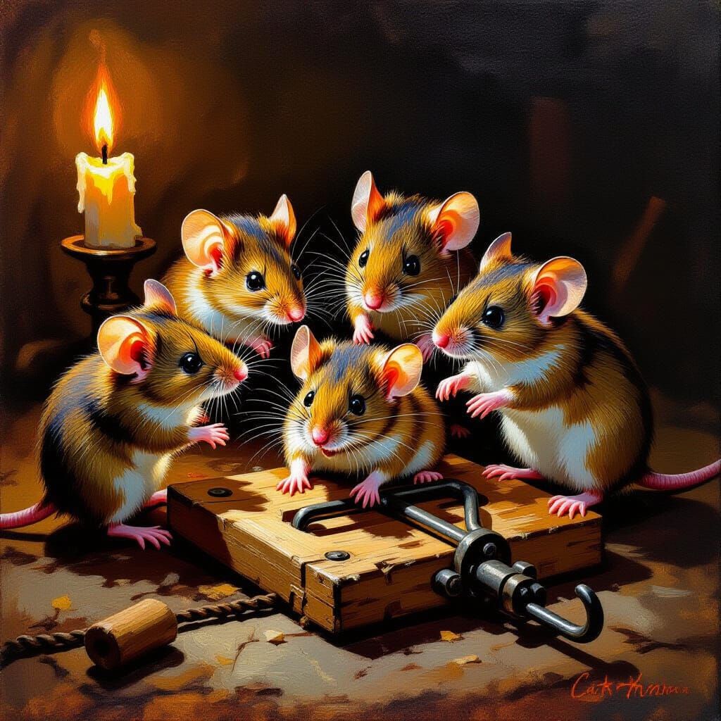 Heroic Mice Rescue Rat from Mousetrap in Dramatic Oil Painti...