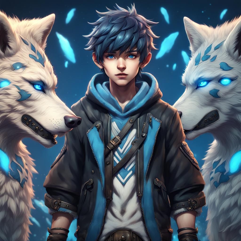 Anime Wolf Boy with Blue and Black Hair