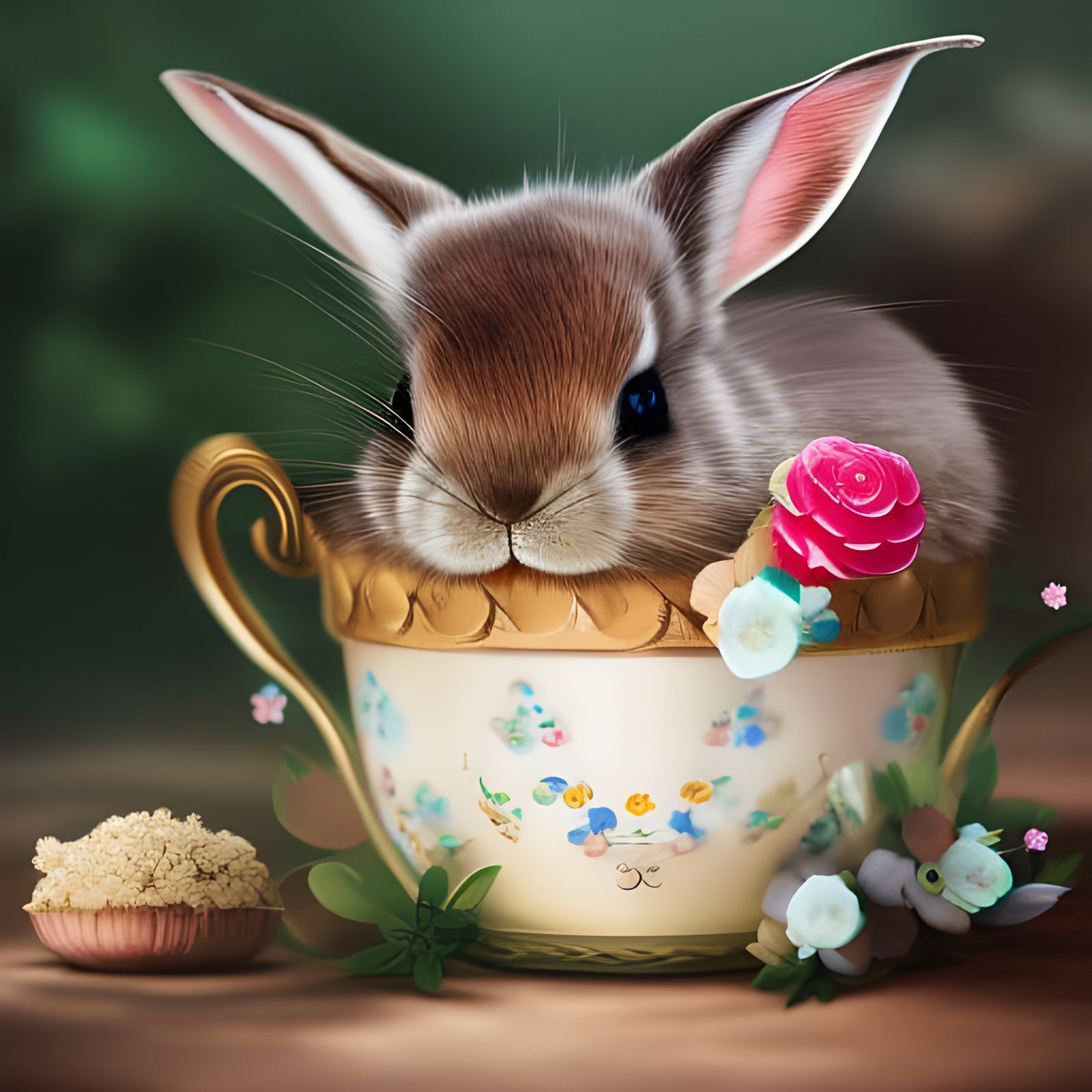 Anime Bunny in Teacup Digital Illustration