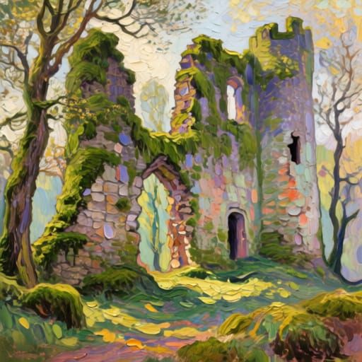 Mossy Castle Ruins Reclaimed by Nature in Neo-Impressionist ...