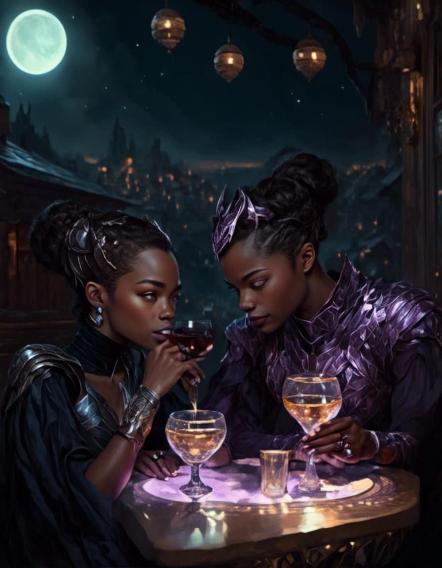 Friends at Pub in Enchanted Mountains: Photorealistic Illust...