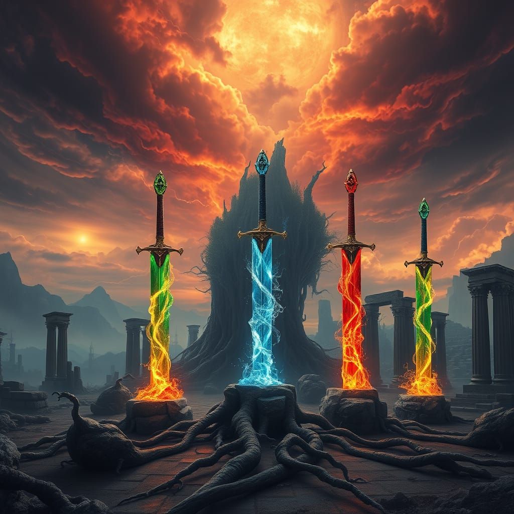 Majestic Elemental Swords Radiate Power in Ancient Ruins Lan...