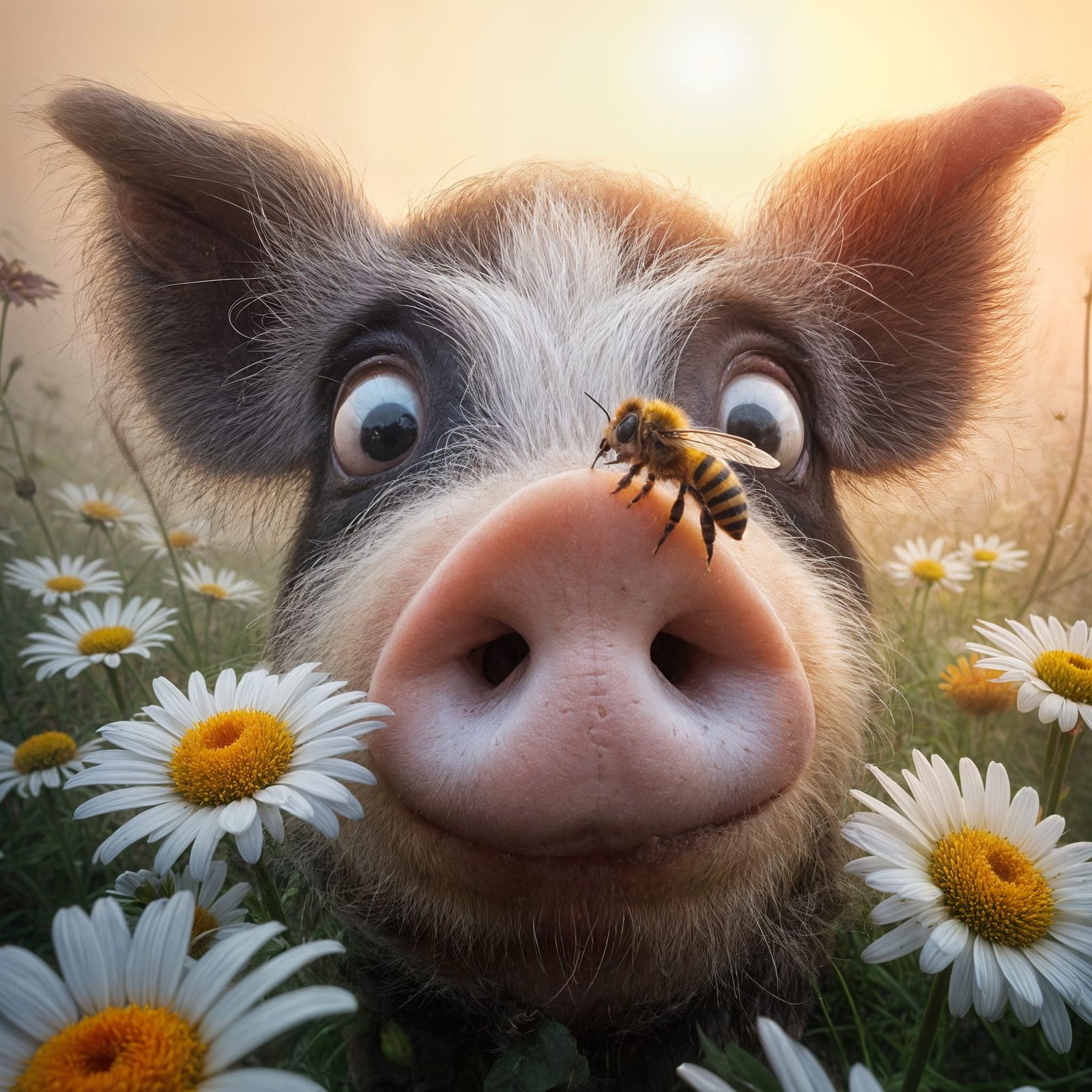 Surprised Pig with Bee on Nose in Daisy Field