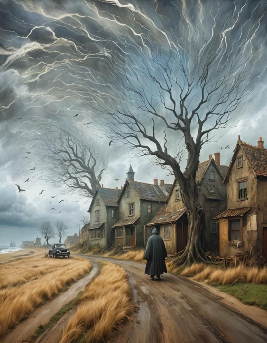 Surreal Windstorm in Gothic Fantasy Landscape