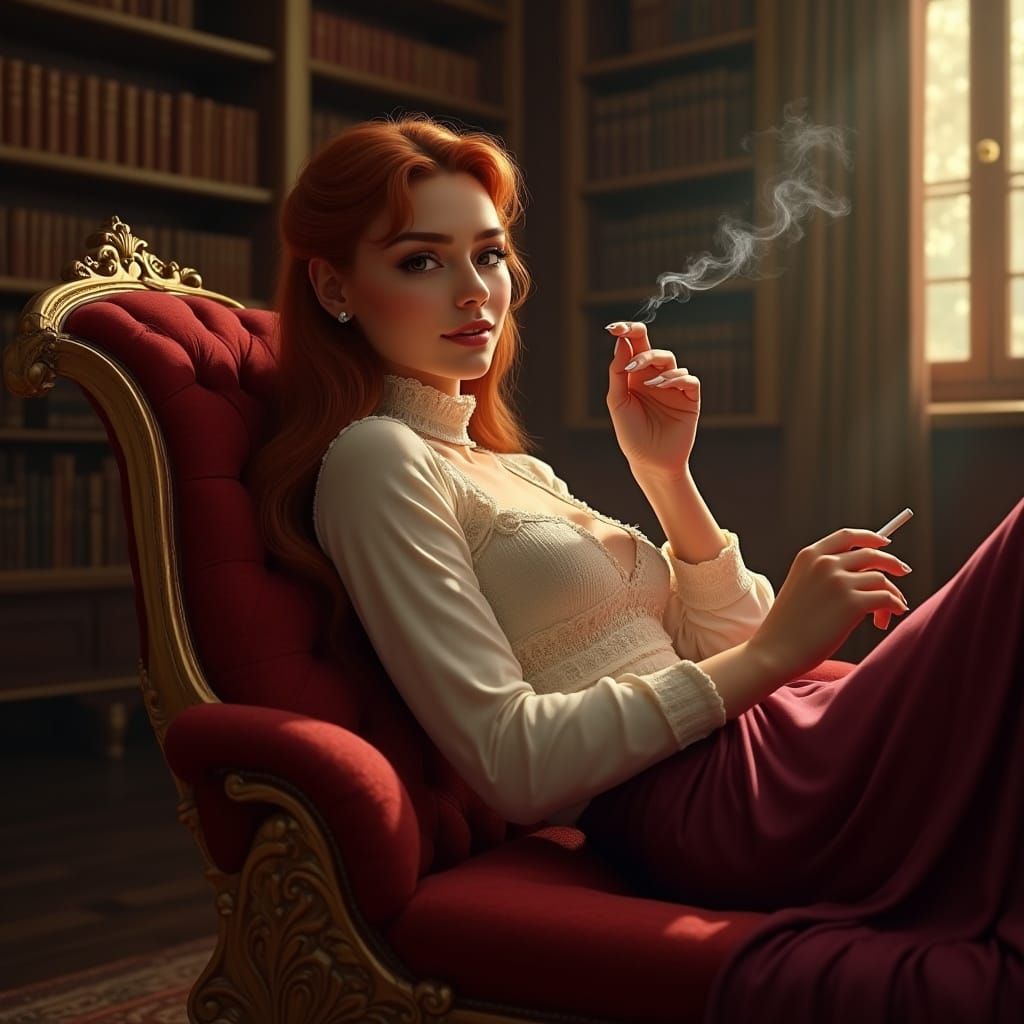 Elegant Lady in Grand Library