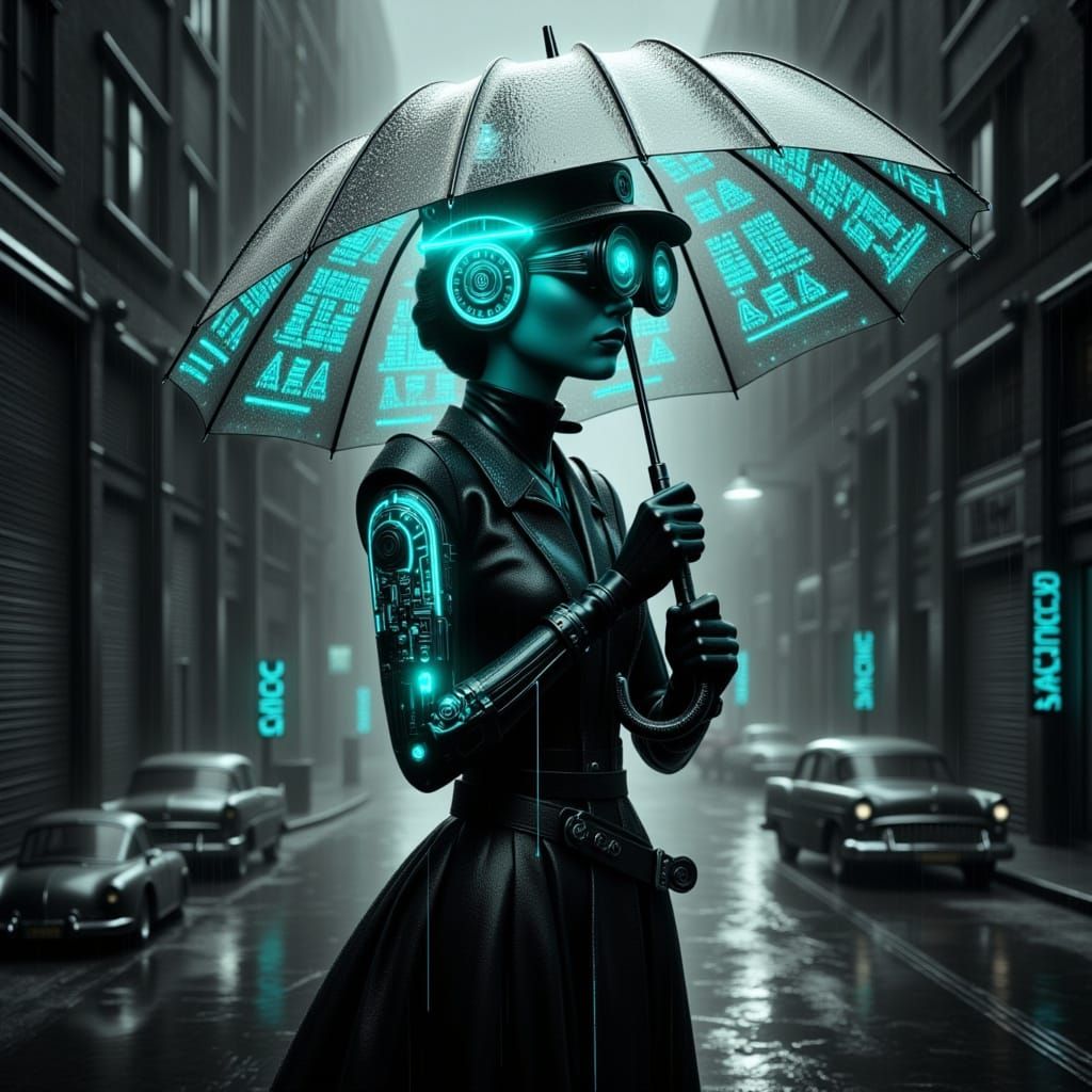 Retrofuturistic Courier in Monochromatic Cybernoir