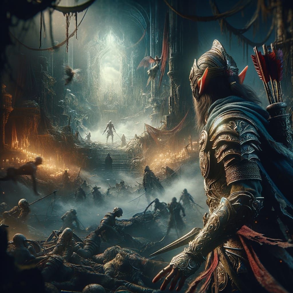 Fantasy Warrior Stands Amidst Battle Ruins in a Cinematic Di...