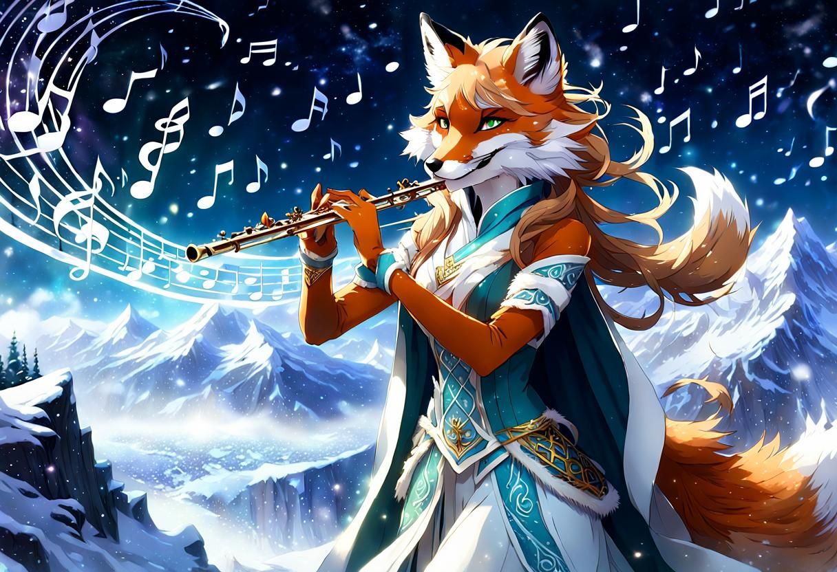 Anime Fox Girl Plays Flute on Snowy Mountain