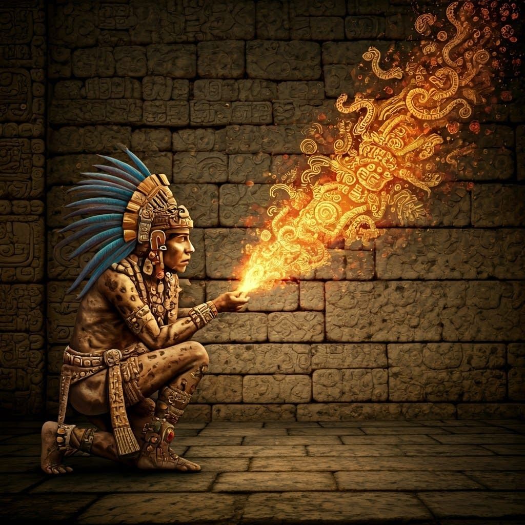 Maya Priest Emitting Glyphs as Ancient Fresco