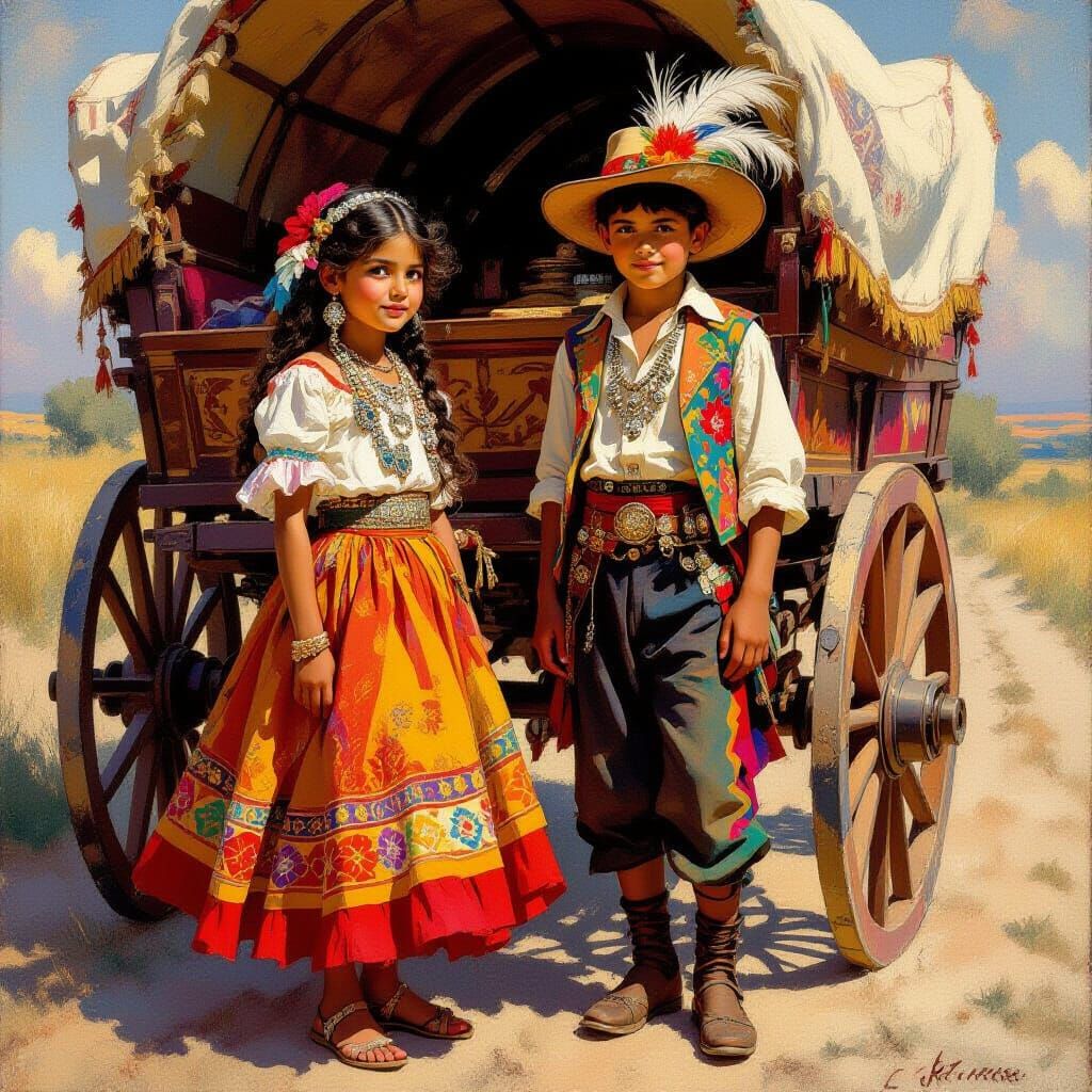 Romani Siblings on Wagon in Golden Hour Oil Painting Style