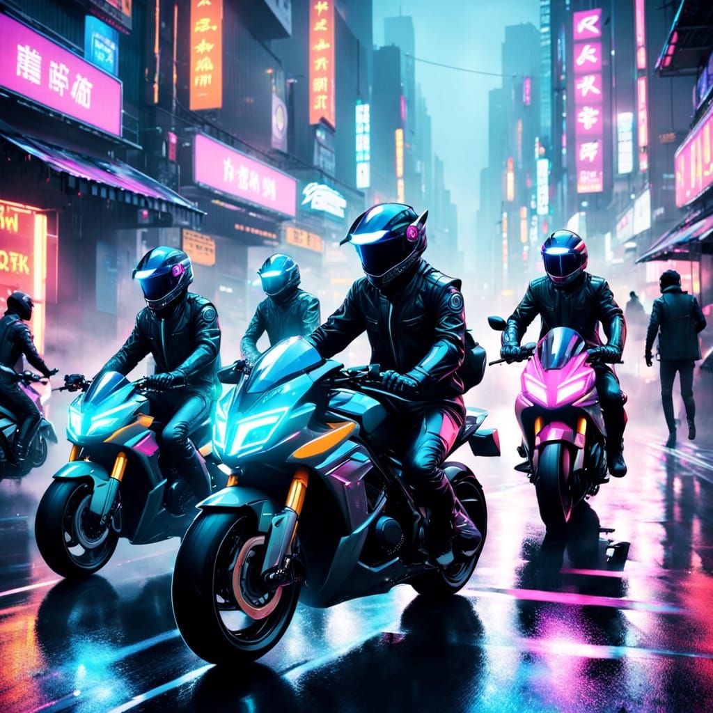 Cyberpunk Motorbike Racers in Futuristic Tokyo