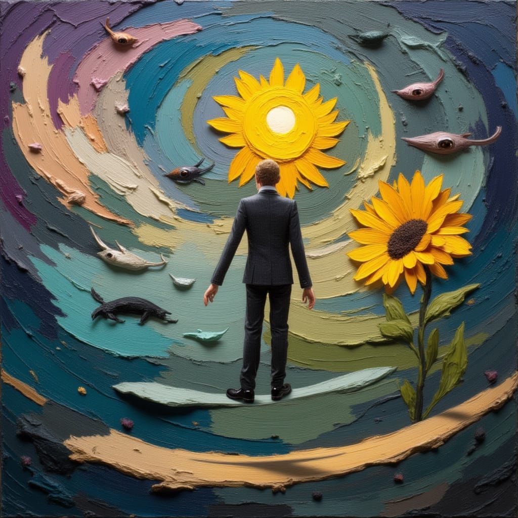 Surrealist Figure on Tightrope with Teardrop and Sunflower