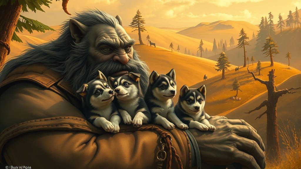 Giant Tenderly Holds Husky Puppies on Shoulder in Whimsical ...