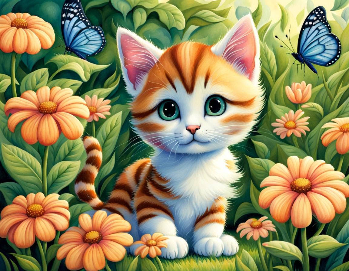 Kitten in Garden: Storybook Watercolor Illustration