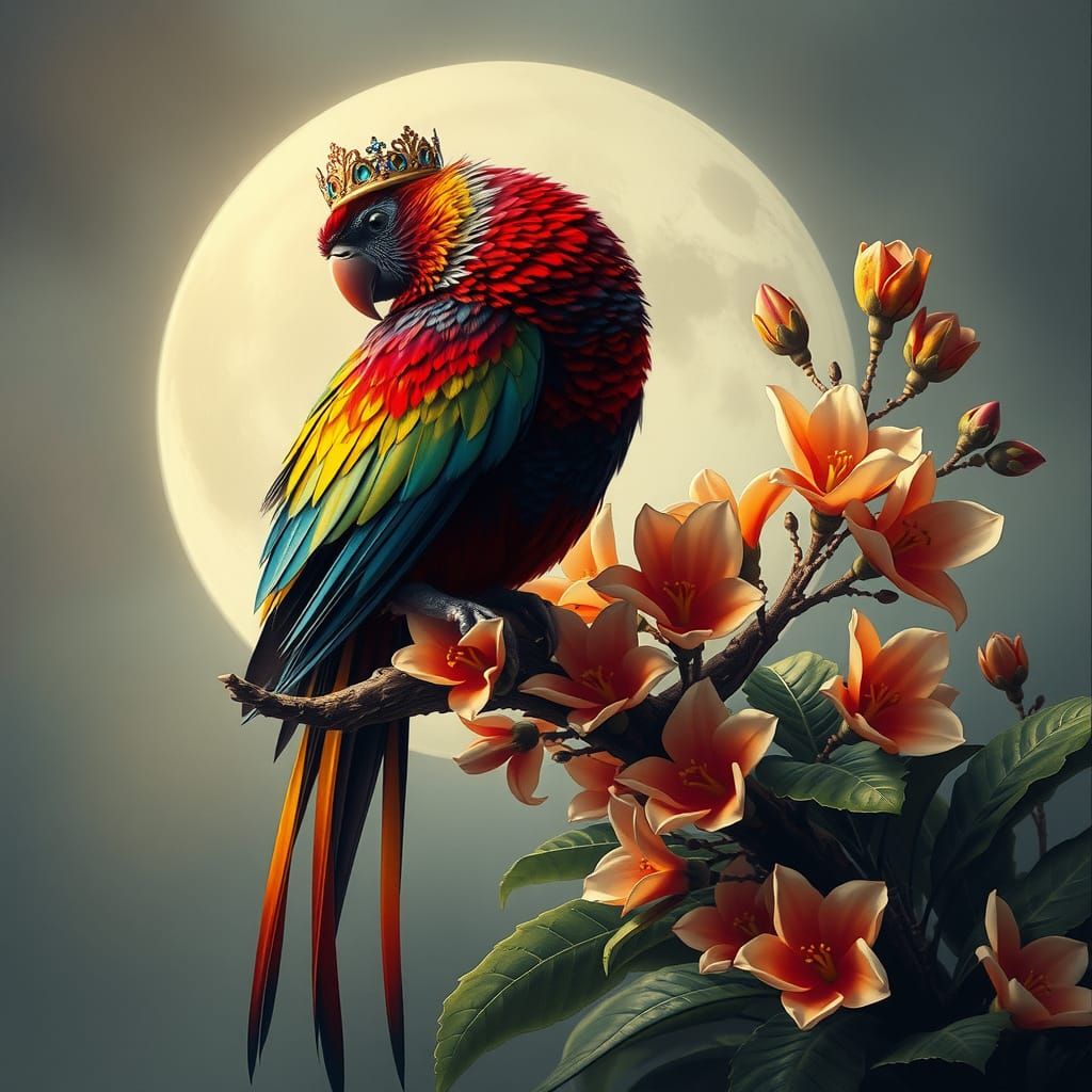 Jeweled Bird with Crown, Impasto Oil Painting