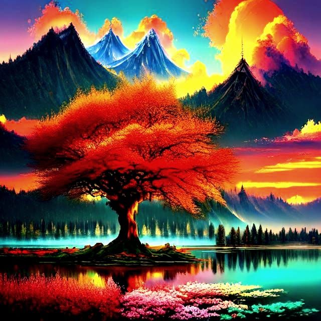 Ancient Sakura Tree by Lake with Temples