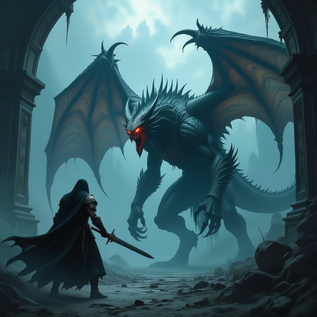 Warrior Battles a Terrifying Creature in Gothic Realm