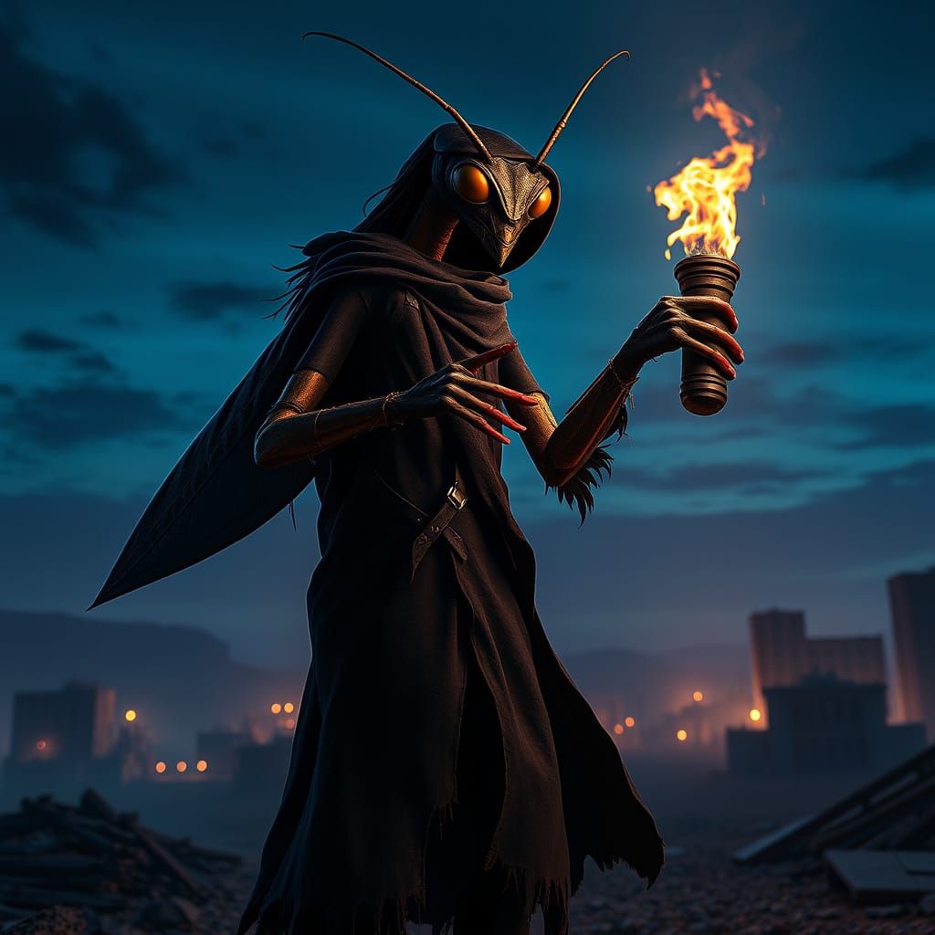 Gritty Preying Mantis Warrior in Desert Ruins