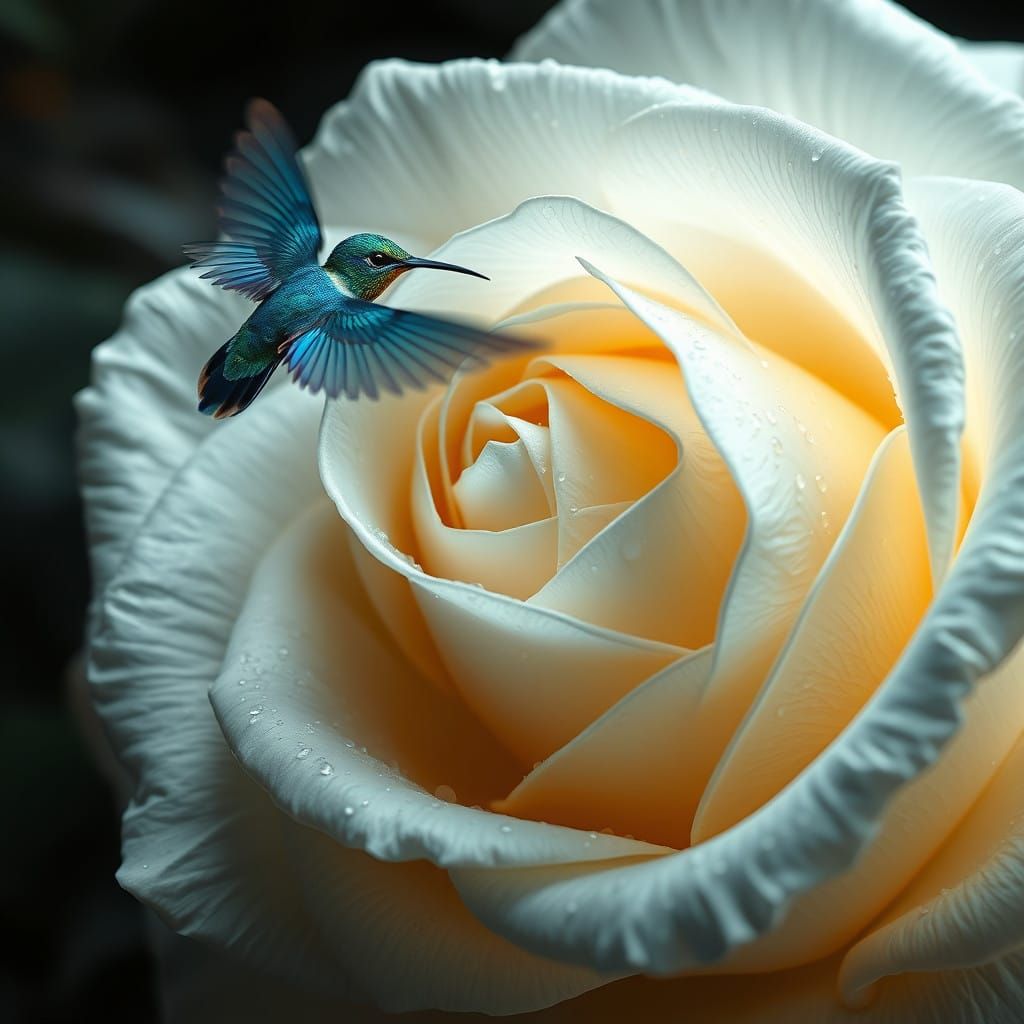 Magnificent White Rose in Morning Dew with Iridescent Hummin...