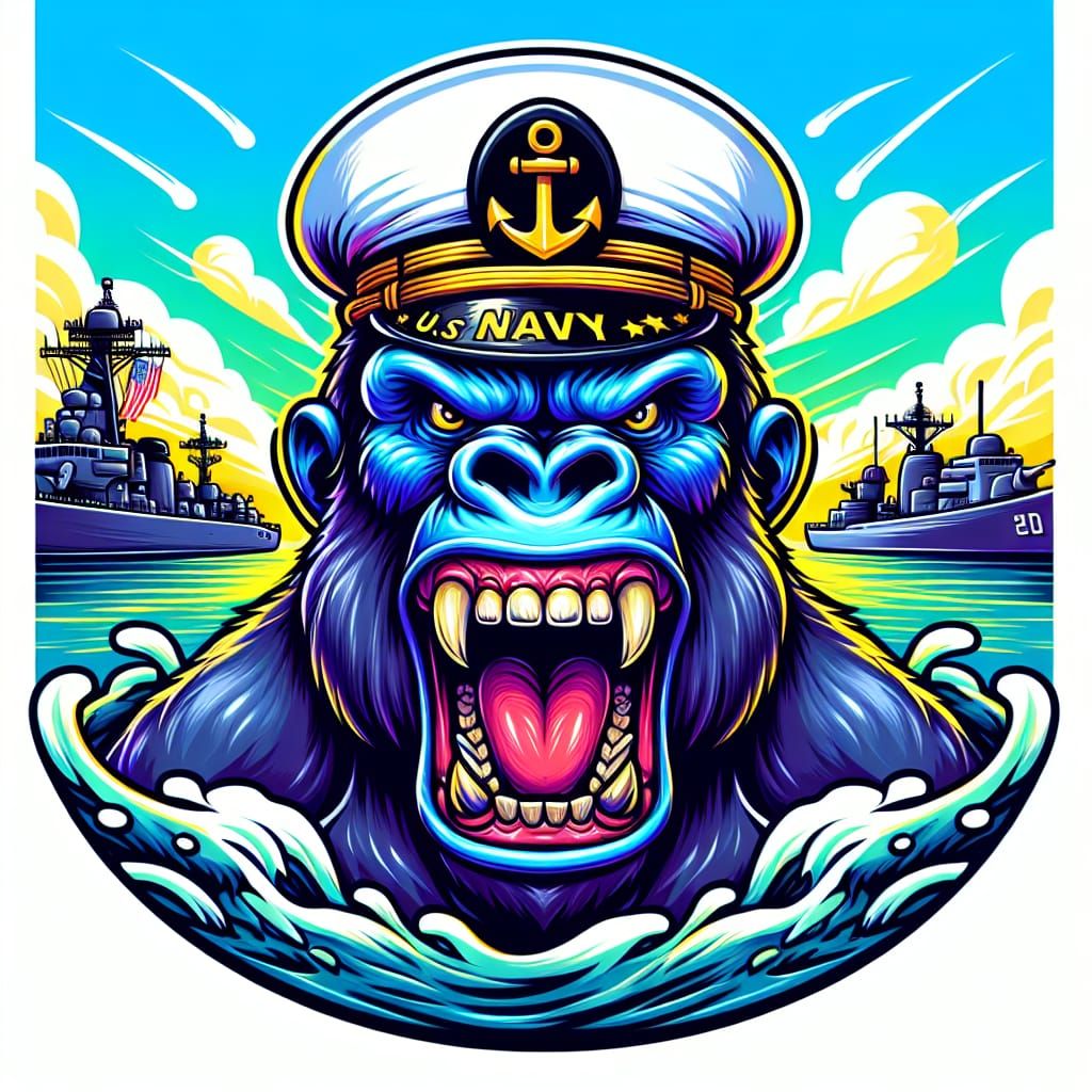 Cartoon Gorilla in Navy Hat with Ships