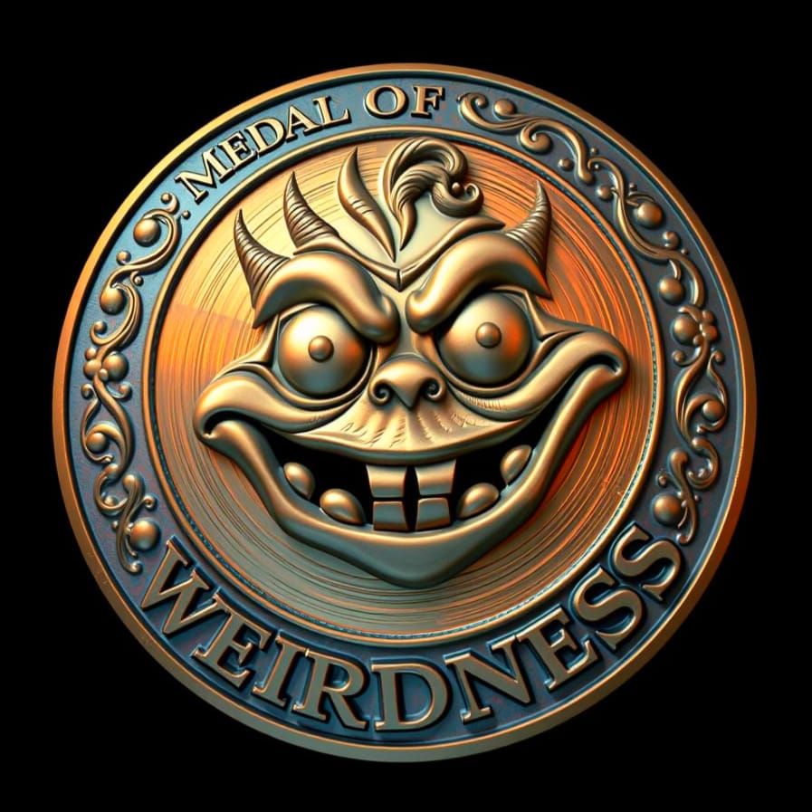 3d eye-level shot of a large, ornate, art nouveau medal featuring a stylized design of a GOOFY WEIRD FUNNY FRIENDLY CART...