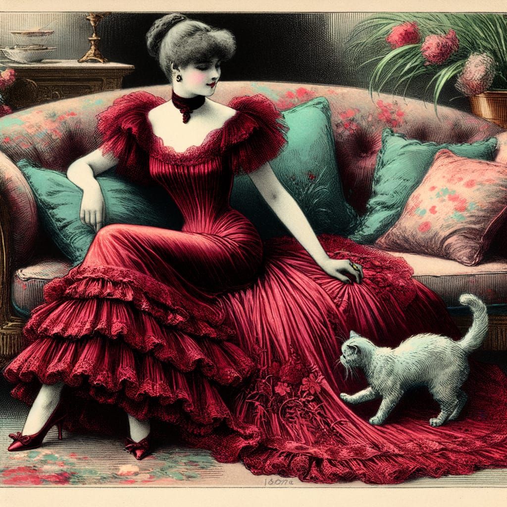 Fashionable 1870s Woman with Cat in Aquatint Style