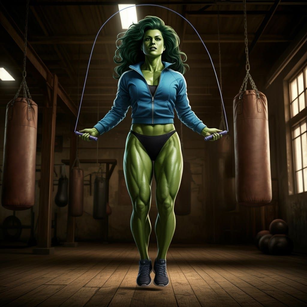 She-Hulk Training in Gritty Boxing Gym, Comic Book Style