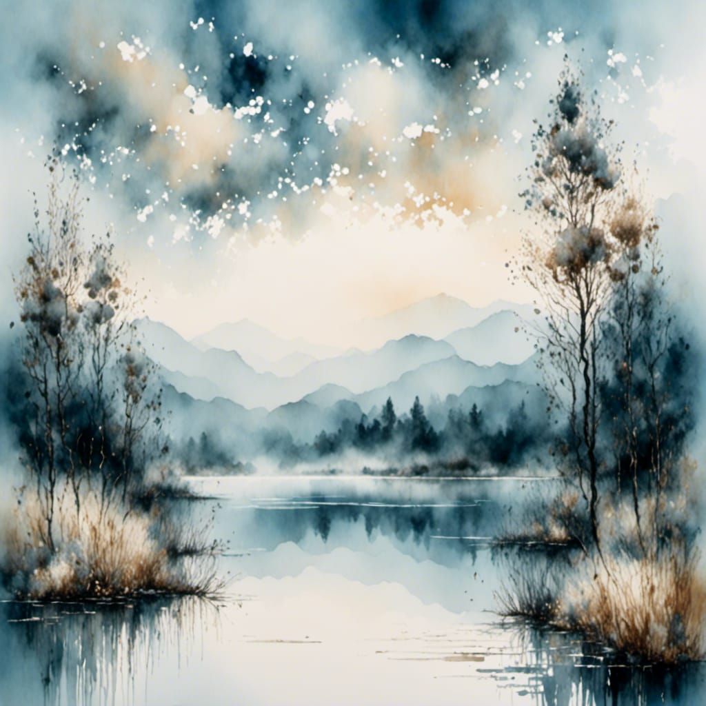Blue Watercolour Landscape Painting with Misty Lake