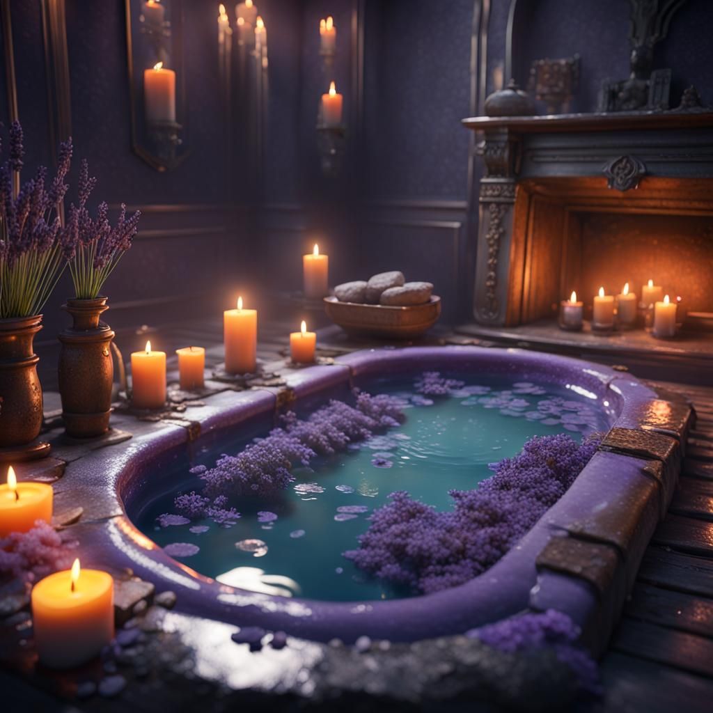 Steaming Lavender Bathtub in a Warm, Glossy Ambiance