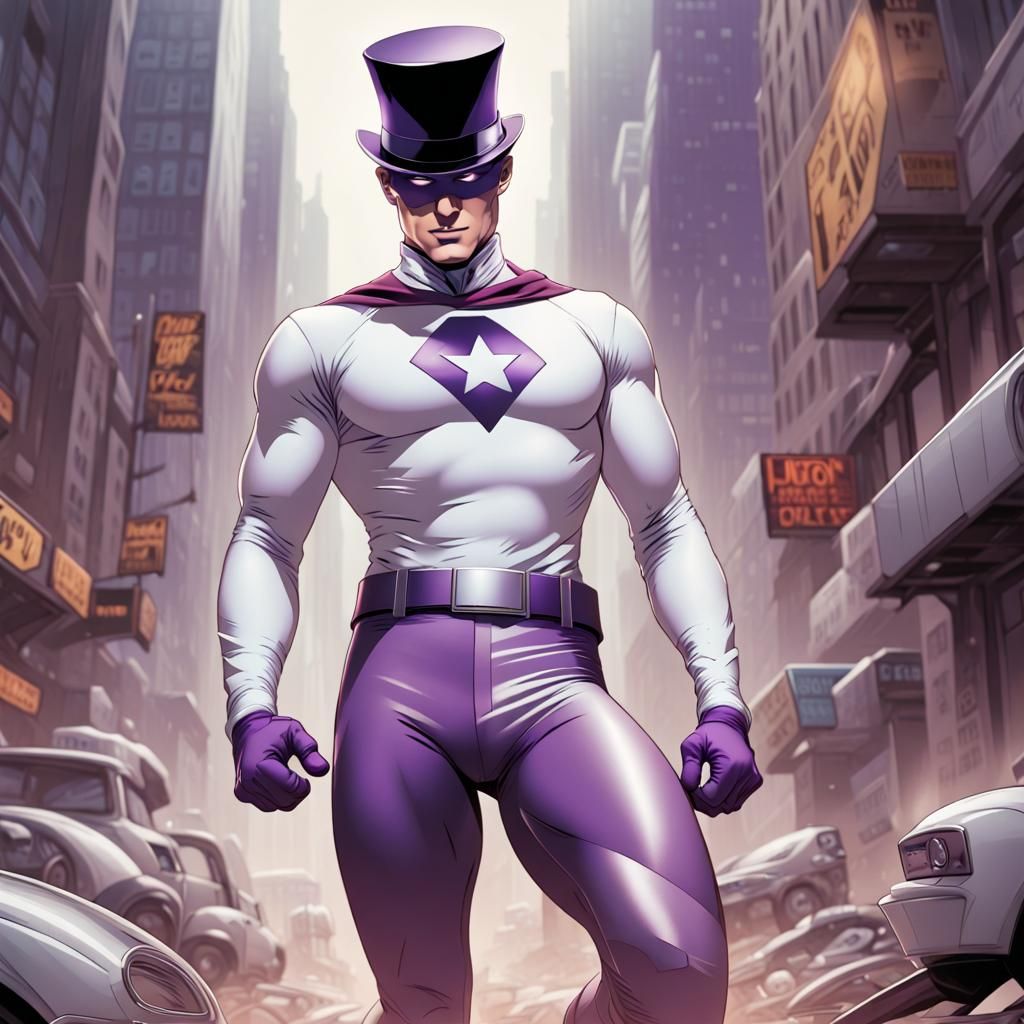 Comic Book Art: Blonde Man in Purple Superhero Costume
