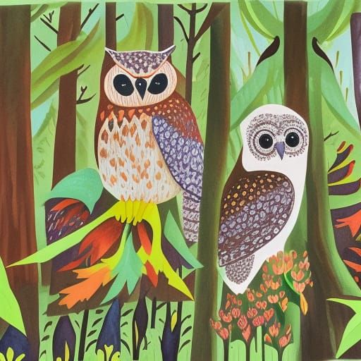 Owls in Mushroom Forest: Gouache Painting