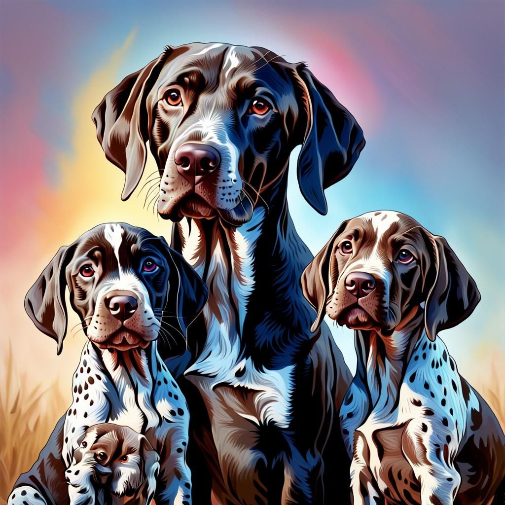 Hyperrealistic Dog Mother with Pointer Puppies