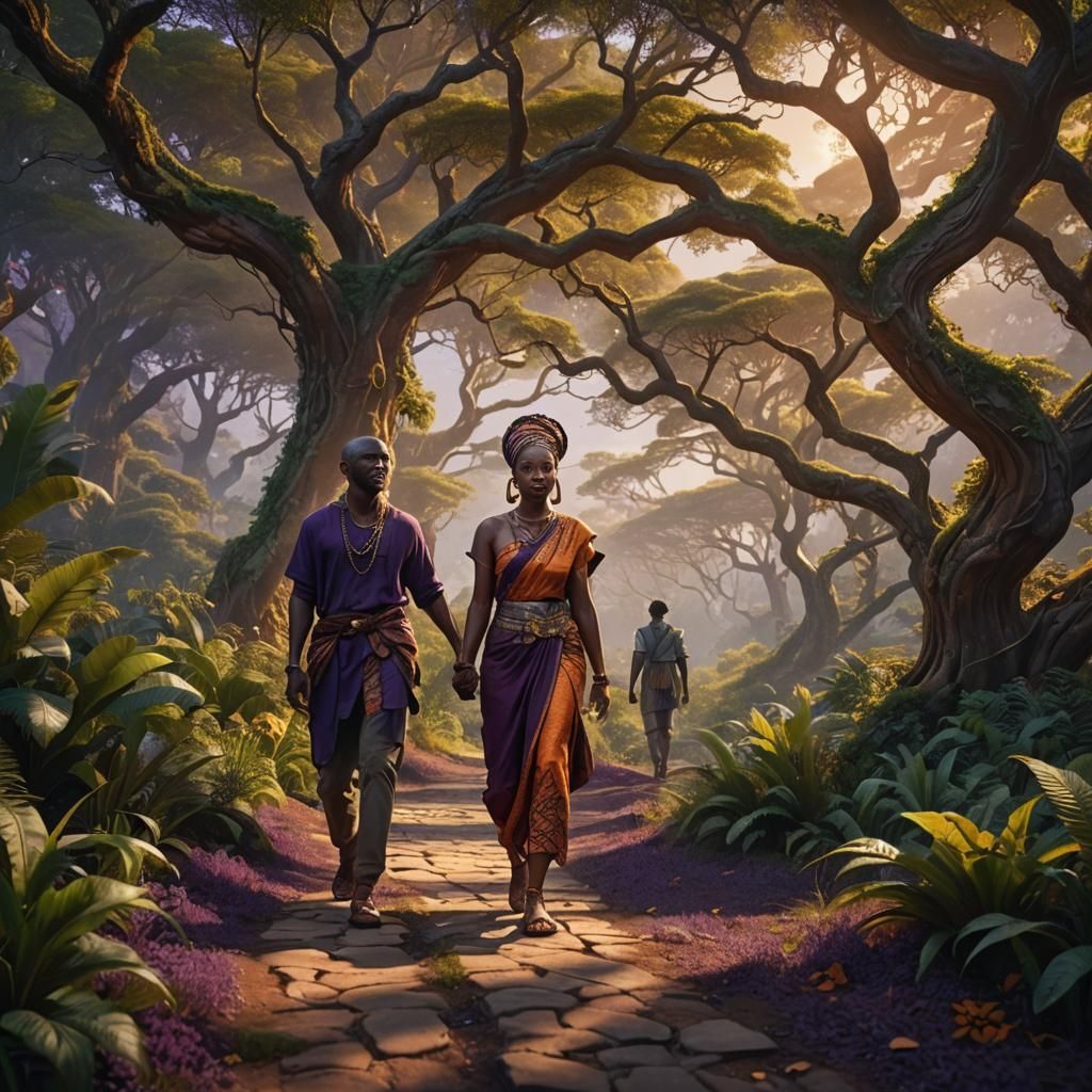 African Couple in Forest, Fantasy Concept Art